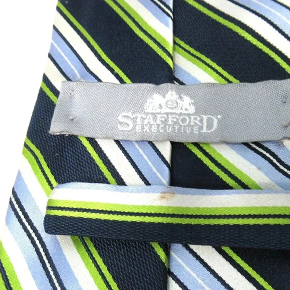 STAFFORD Executive Lime Navy Light Blue Diagonal Stripe Tie 100% Silk - Picture 5 of 7